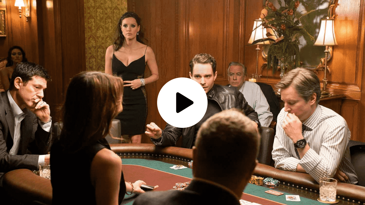 Scene from Molly’s Game showing a tense high-stakes poker game in a luxurious wood-paneled room.