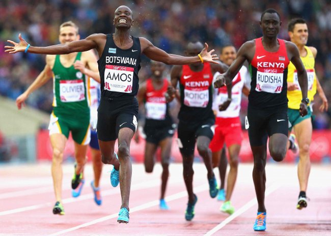 Nijel Amos crosses the line to win the 800m beating David Rudisha in the home stretch.