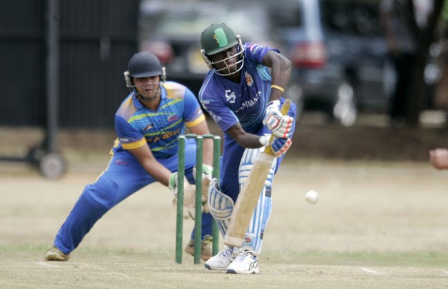 Alex Obanda bats against Kanbis Ajay Vachetta in a previous match. He hit six boundaries and a six scoring 63 from 81 balls with a variety of strokes. (SNA: File Photo) 